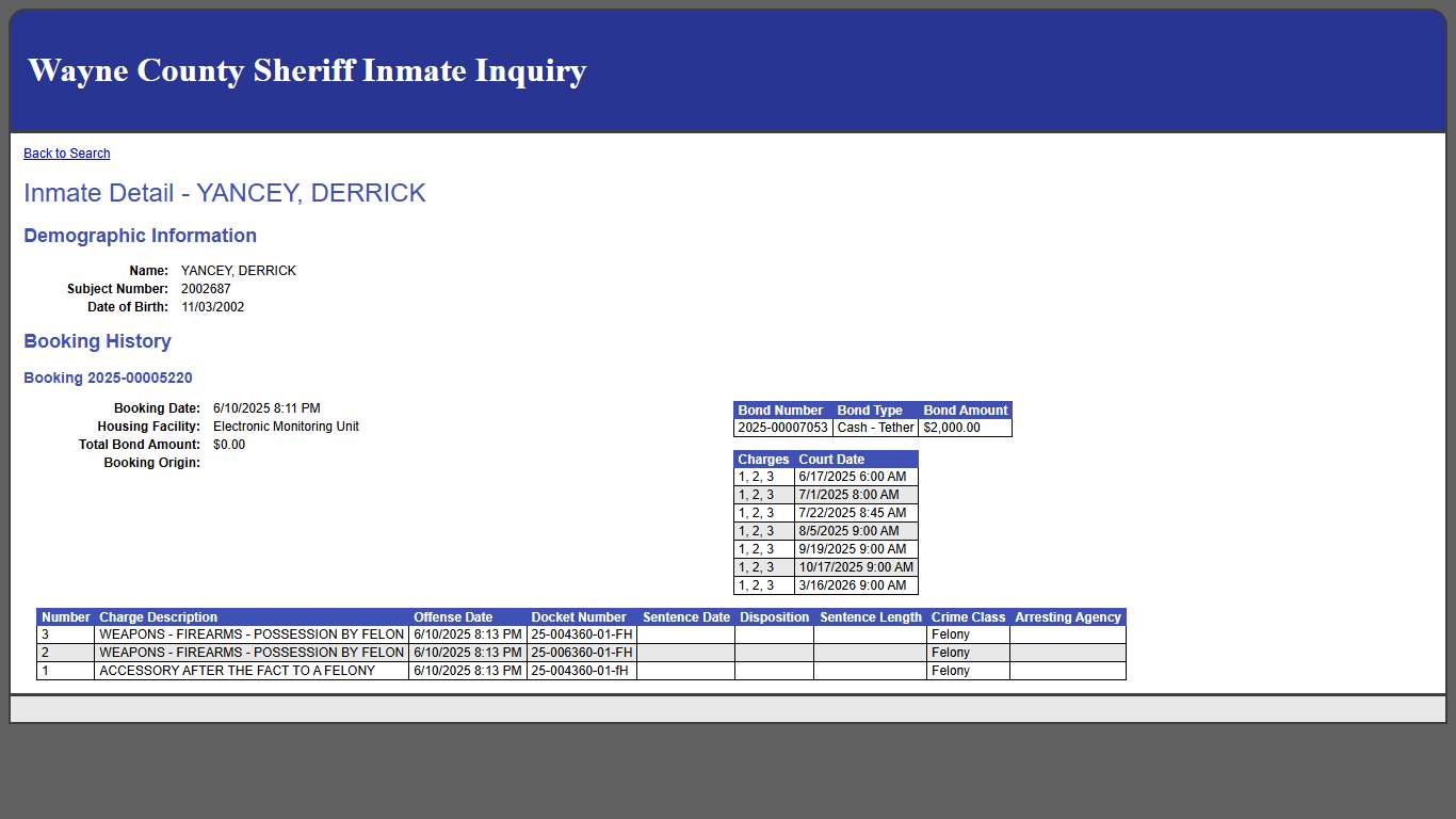 Inmate Detail - YANCEY, DERRICK