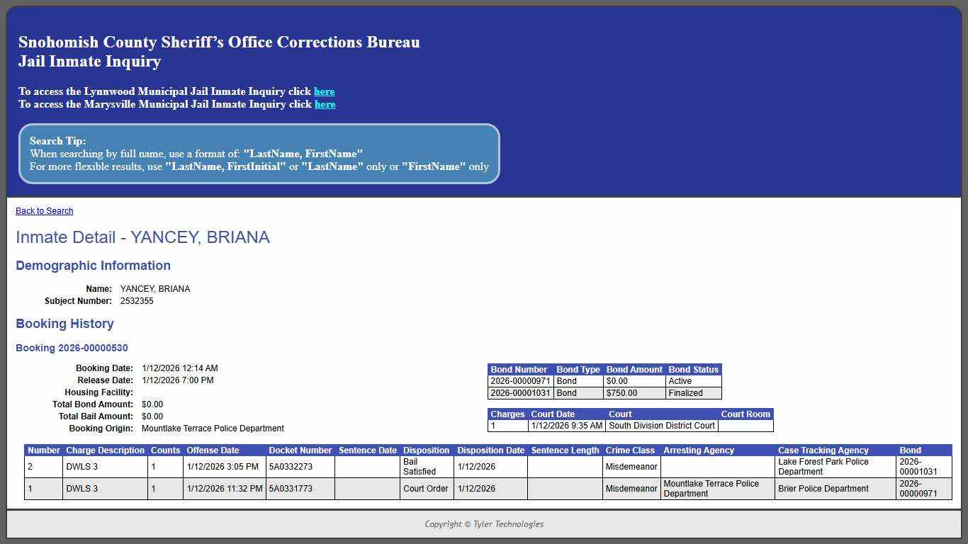Inmate Detail - YANCEY, BRIANA